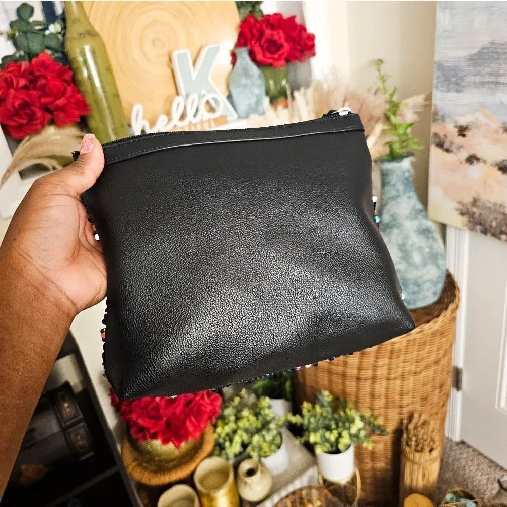New Victoria Secret Large Sequins Faux Leather  Makeup Clutch.